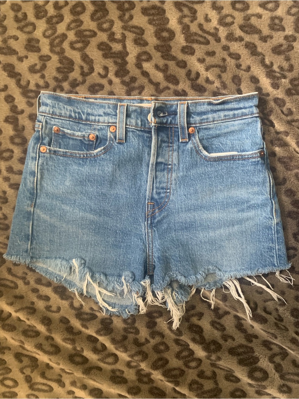 High-Rise Frayed Hem Denim Shorts - Light Blue